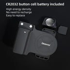 Black device with CR2032 button cell battery included on a dark background