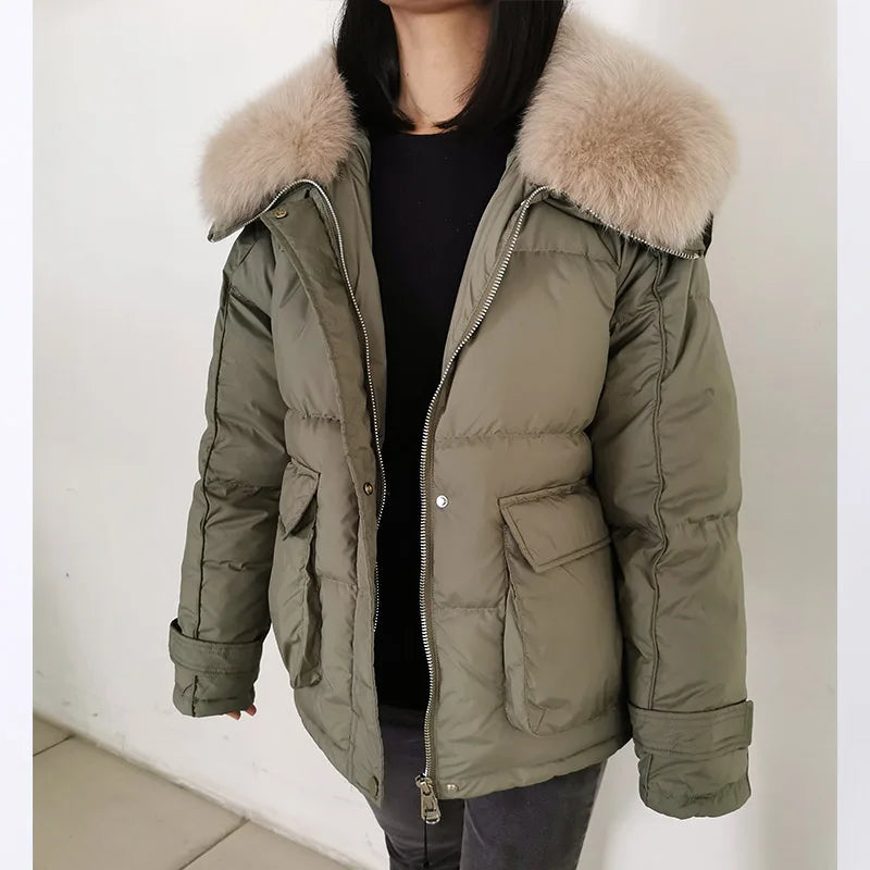 Maomaokong loose Real Fox Fur Collar 2024 White Duck Down Jacket Women Winter Luxury Puffer Coat Oversize Feather Outwear
