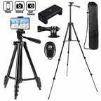 Black camera tripod with accessories on a white background