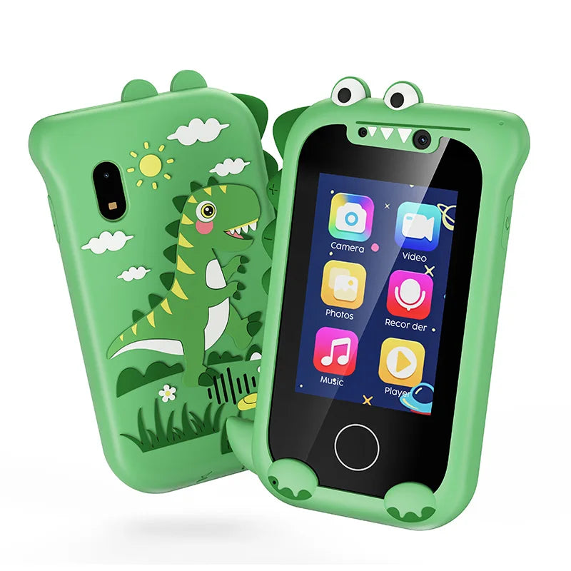 Green dinosaur phone case with a cartoon design on a white background