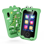 Green dinosaur phone case with a cartoon design on a white background