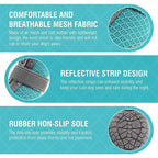Product features with text on comfortable mesh fabric, reflective strip design, and non-slip sole on a teal background.