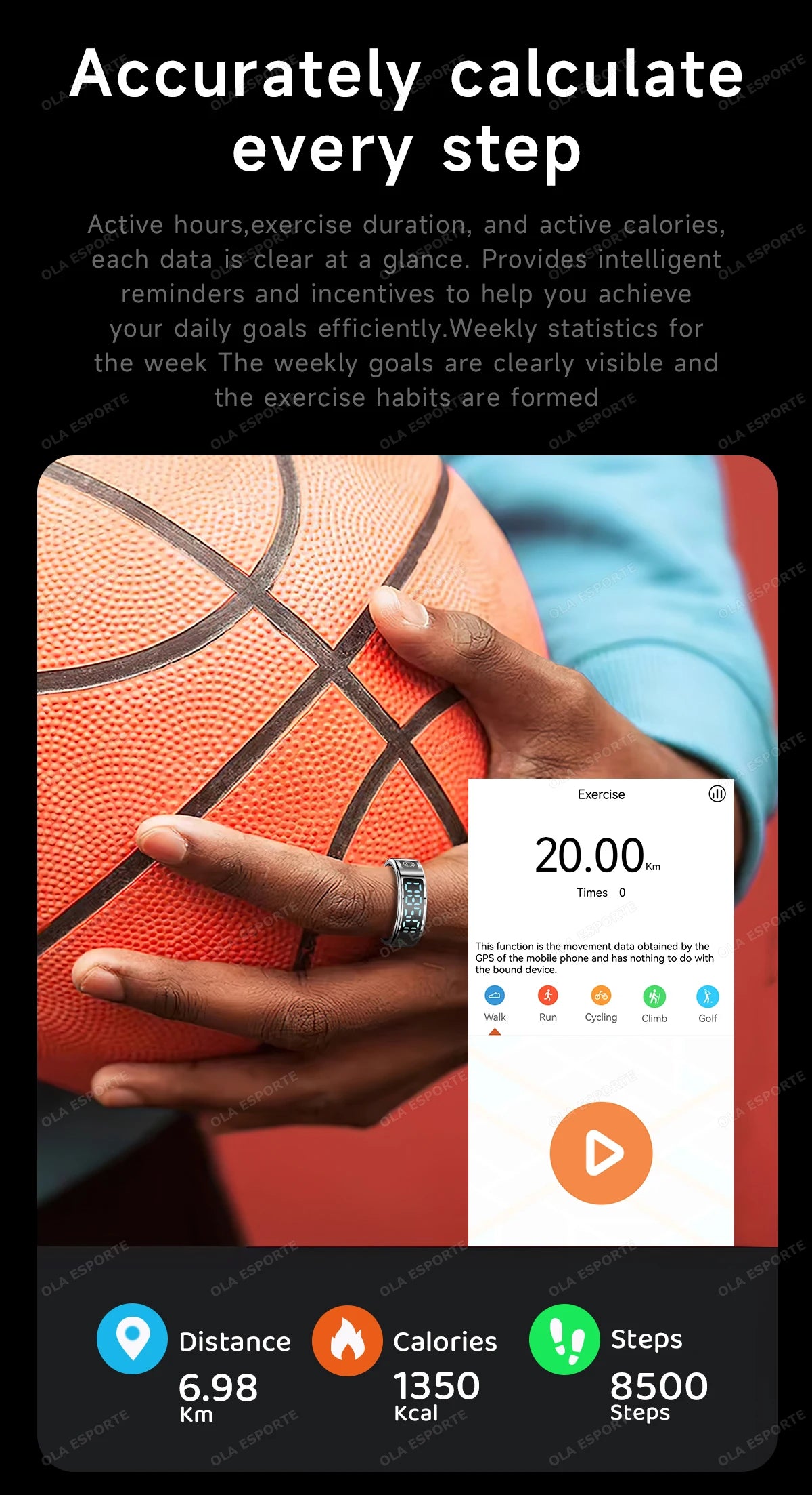 Hand holding a basketball with fitness app interface displaying exercise details.