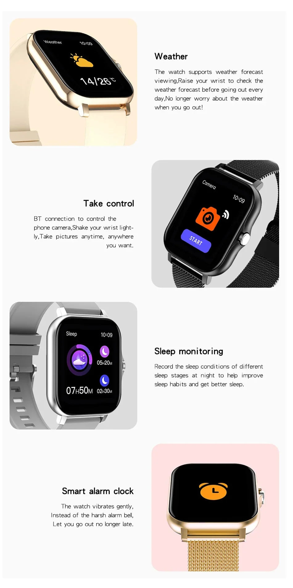 Smartwatch with various features displayed on a white background