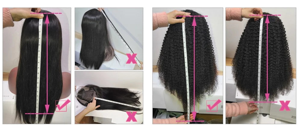 Comparison of straight and curly hair extensions with measurement tools.
