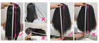 Comparison of straight and curly hair extensions with measurement tools.