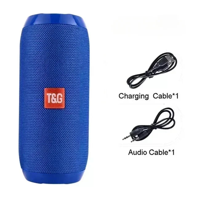 Blue portable speaker with T&G logo, charging cable, and audio cable on a white background