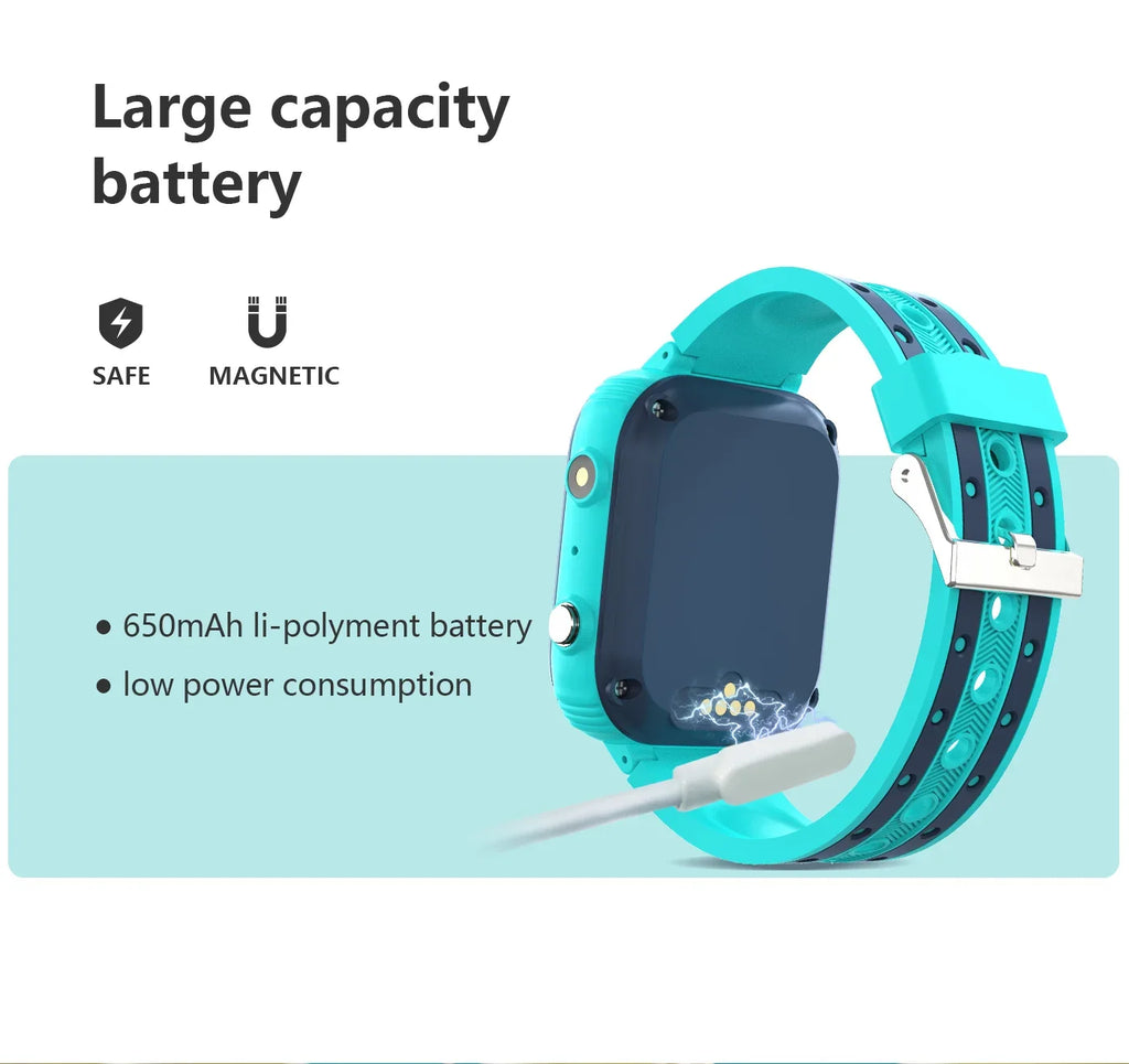 Turquoise smartwatch with charging cable on a light blue background, highlighting battery capacity and safety features.