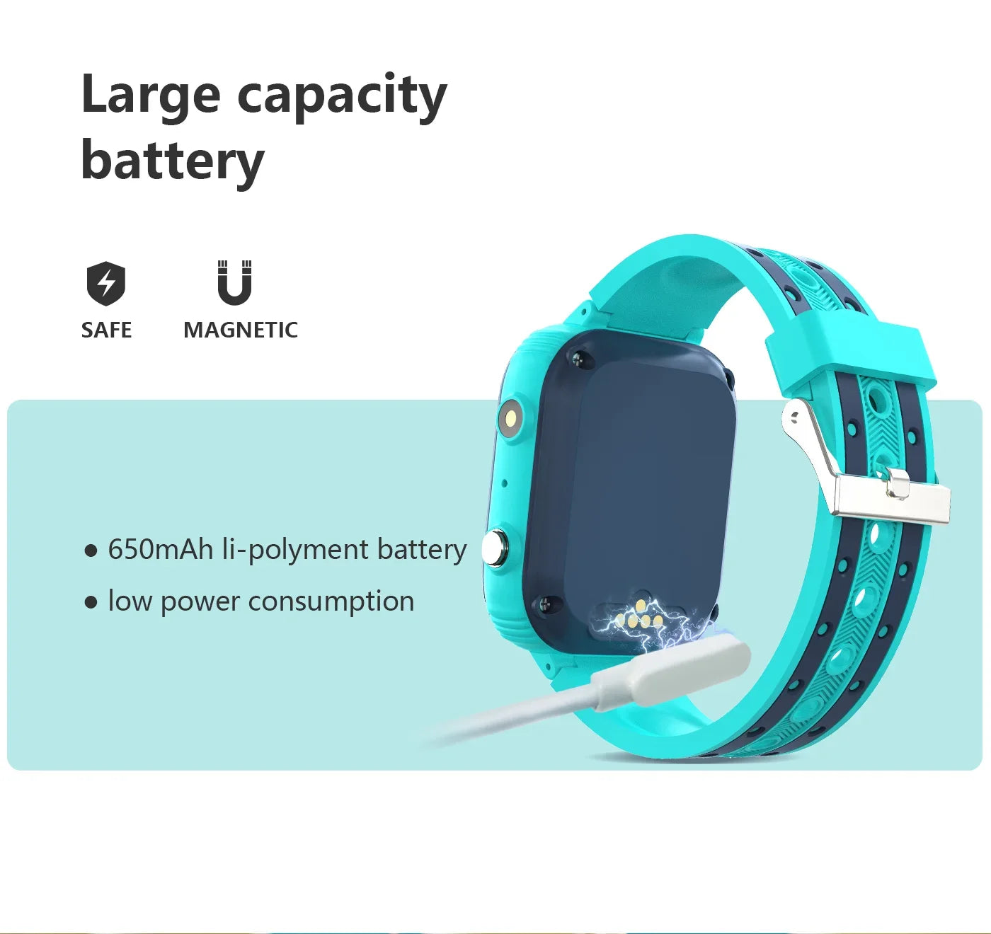 Turquoise smartwatch with charging cable on a light blue background, highlighting battery capacity and safety features.