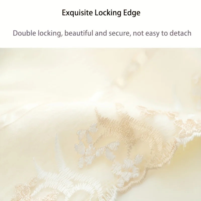 Close-up of a textured fabric with lace detailing on a light background.