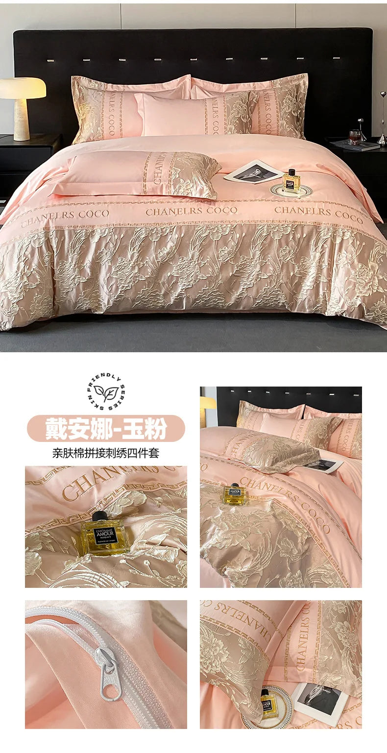 Pink bedding set with decorative elements on a bed, featuring the brand 'Chic Home'.