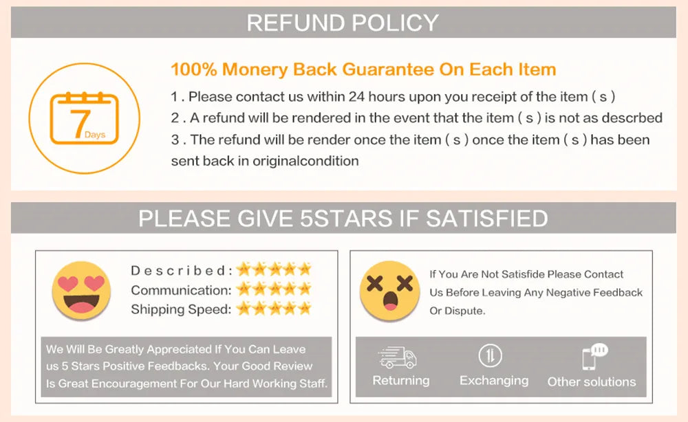 Refund policy and customer feedback section on a product page