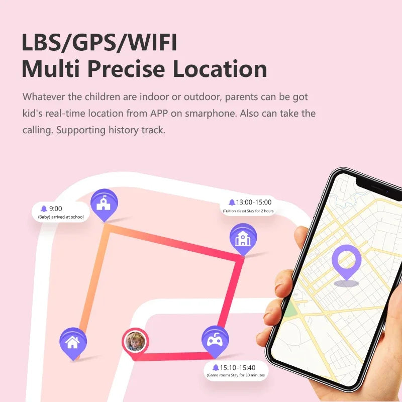 Smartphone displaying a location tracking app with a pink background and text about LBS/GPS/WIFI multi precise location tracking.