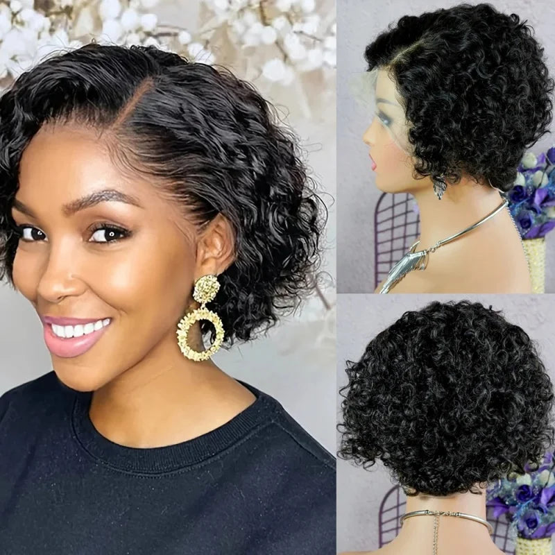 Woman with styled hair and a mannequin head with curly hair, set against a blurred floral background.