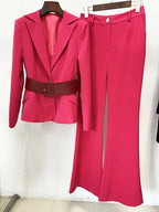 Suit Set Women's Slim Fitting Single Button Belted Blazer Flare Pants