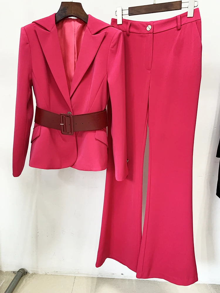 Suit Set Women's Slim Fitting Single Button Belted Blazer Flare Pants