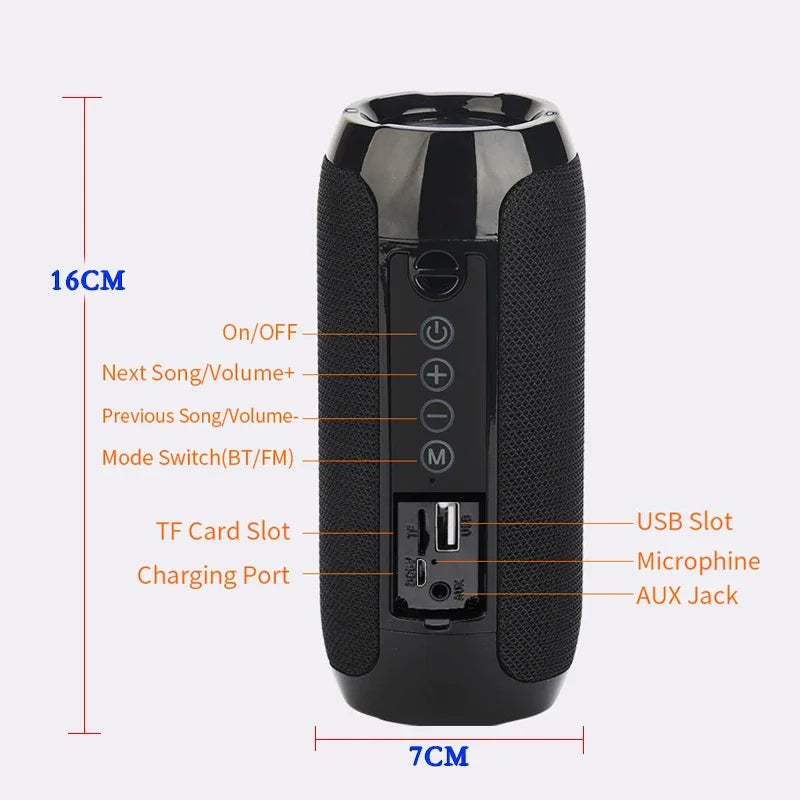 Black portable speaker with labeled features and dimensions on a white background