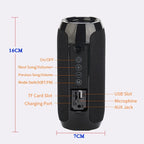 Black portable speaker with labeled features and dimensions on a white background