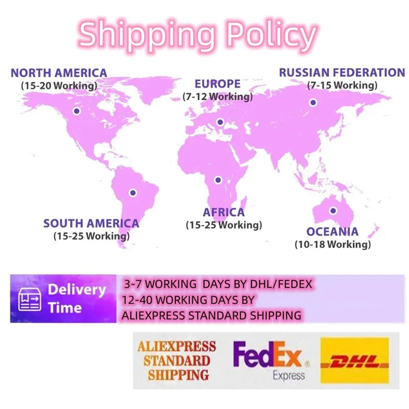 World map with shipping policy details and delivery time information.
