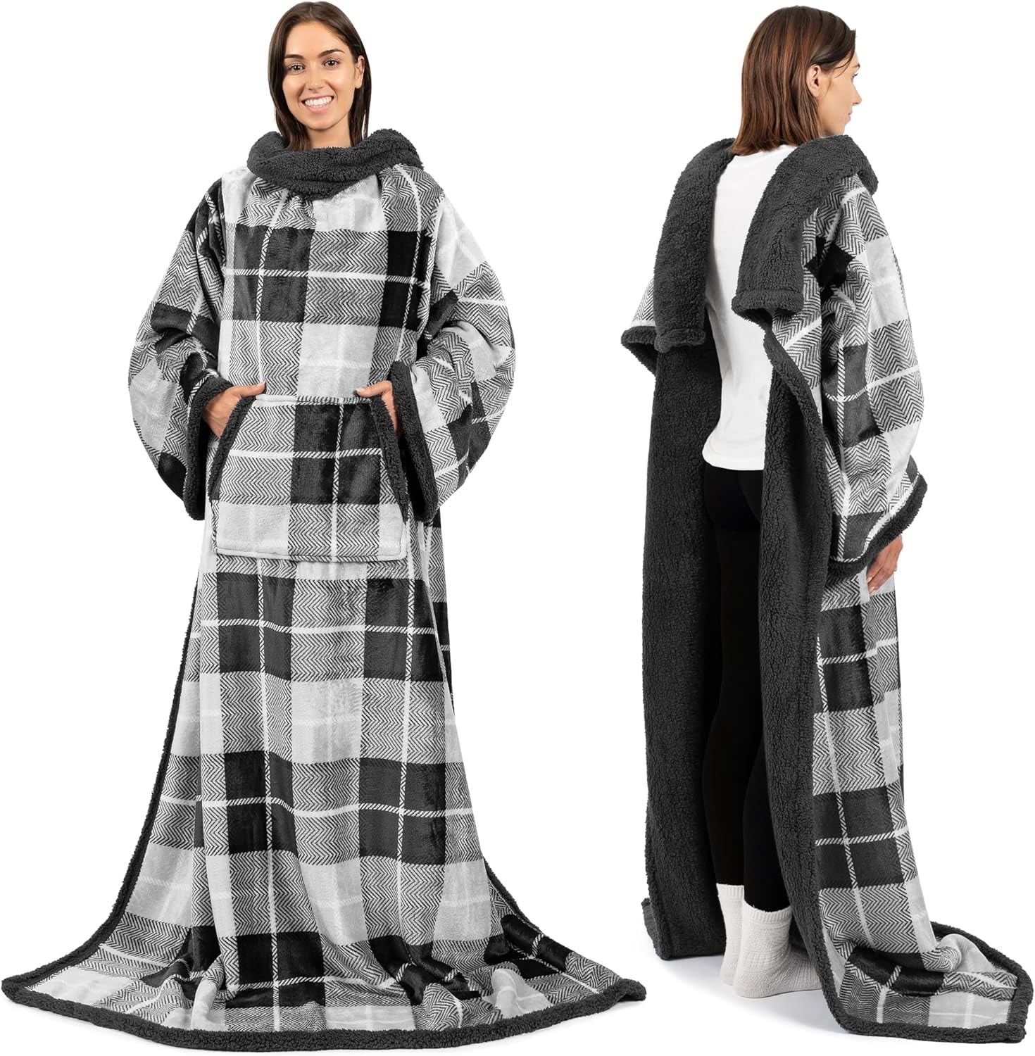 PAVILIA Sherpa Wearable Blanket with Sleeves and Pocket, Plush Thick Cozy Body Blanket Wrap for Adult Women Men, Christmas Gift for Wife Mom, Dark Grey
