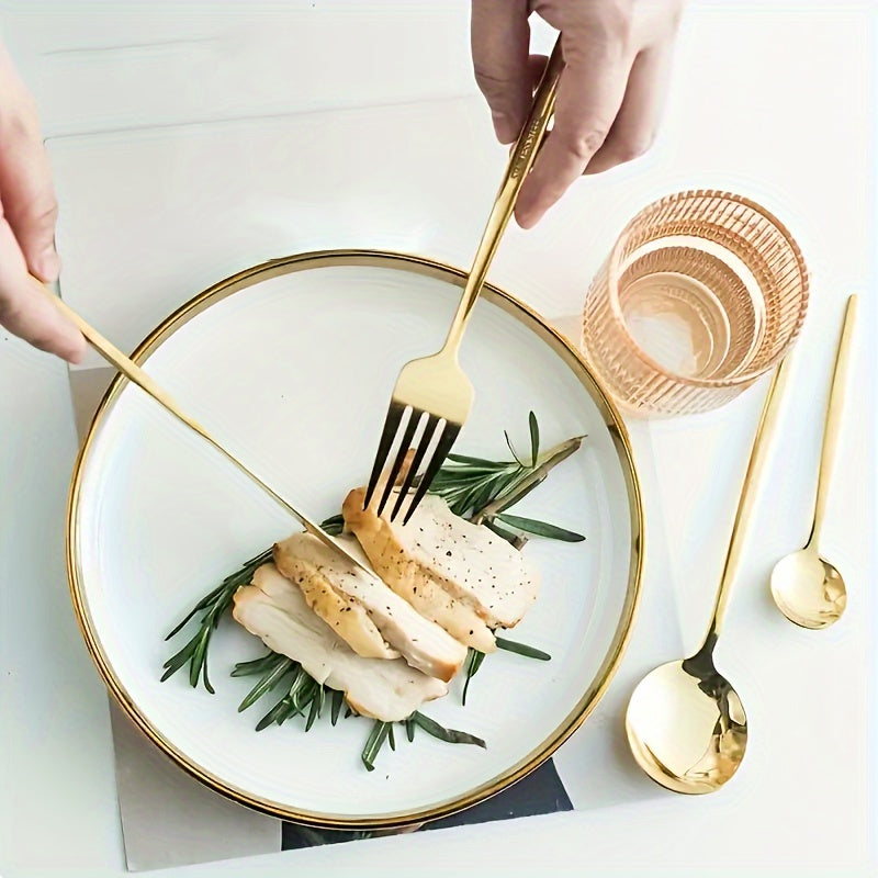 Plated dish with sliced chicken and rosemary garnish, served on a white plate with gold rim and cutlery.
