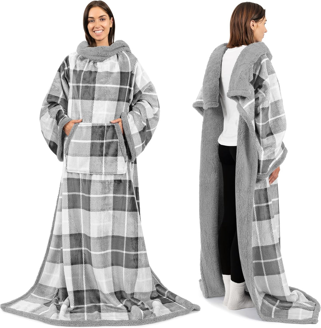 PAVILIA Sherpa Wearable Blanket with Sleeves and Pocket, Plush Thick Cozy Body Blanket Wrap for Adult Women Men, Christmas Gift for Wife Mom, Dark Grey