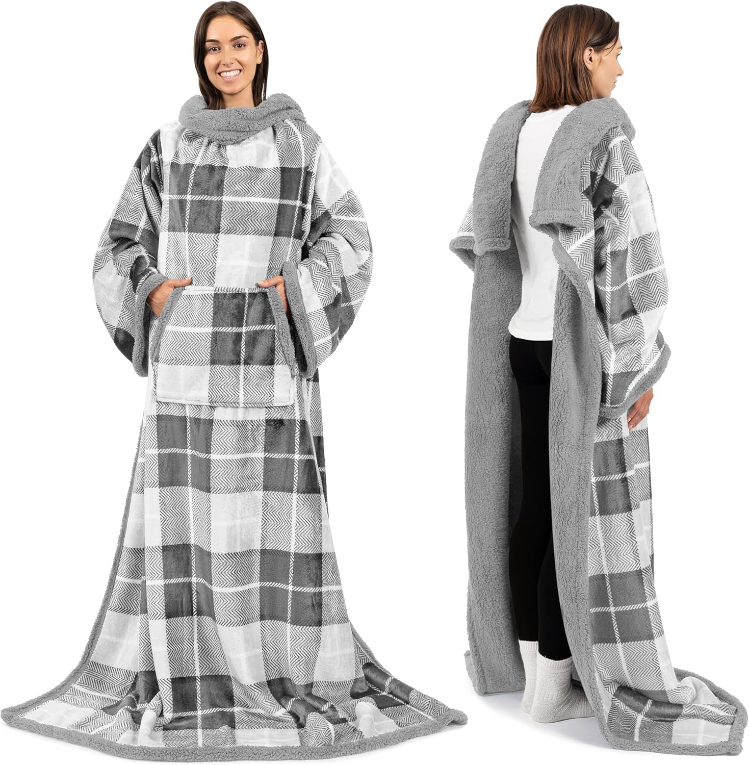 PAVILIA Sherpa Wearable Blanket with Sleeves and Pocket, Plush Thick Cozy Body Blanket Wrap for Adult Women Men, Christmas Gift for Wife Mom, Dark Grey