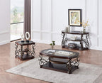Ssline Traditional Vintage 3-Tier Sofa Console Table with Tempered Glass Table Top,Wood Accent Side Table with Marble Paper Middle Shelf,Hall Table for Living Room Bedroom Entryway