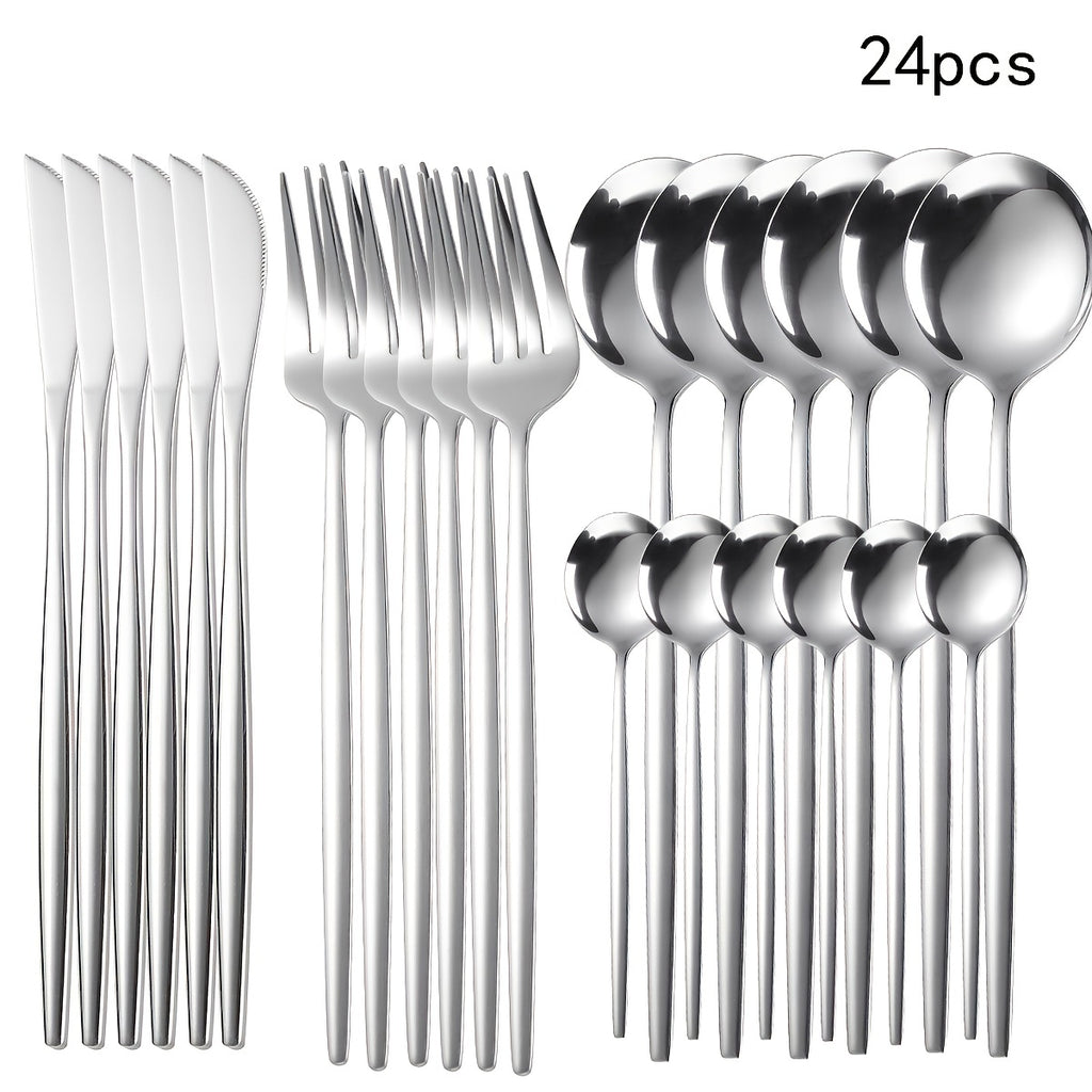 Set of 24 stainless steel cutlery including knives, forks, and spoons on a white background.