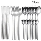 Set of 24 stainless steel cutlery including knives, forks, and spoons on a white background.