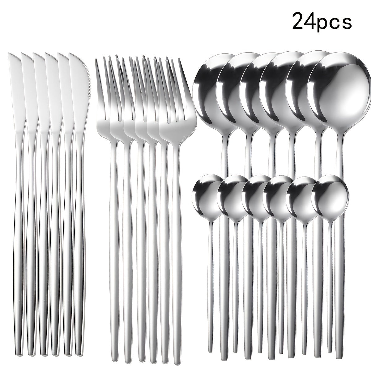 Set of 24 stainless steel cutlery including knives, forks, and spoons on a white background.
