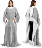 PAVILIA Sherpa Wearable Blanket with Sleeves and Pocket, Plush Thick Cozy Body Blanket Wrap for Adult Women Men, Christmas Gift for Wife Mom, Dark Grey