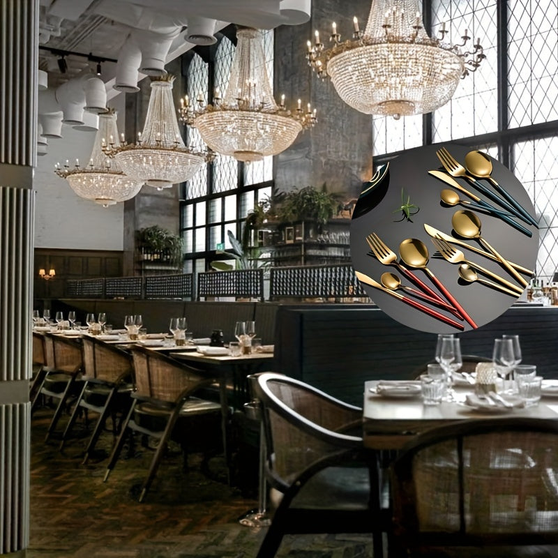 Restaurant interior with tables, chairs, and a close-up of gold and black cutlery.