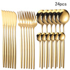 Set of gold cutlery including knives, forks, and spoons on a white background with '24pcs' text.