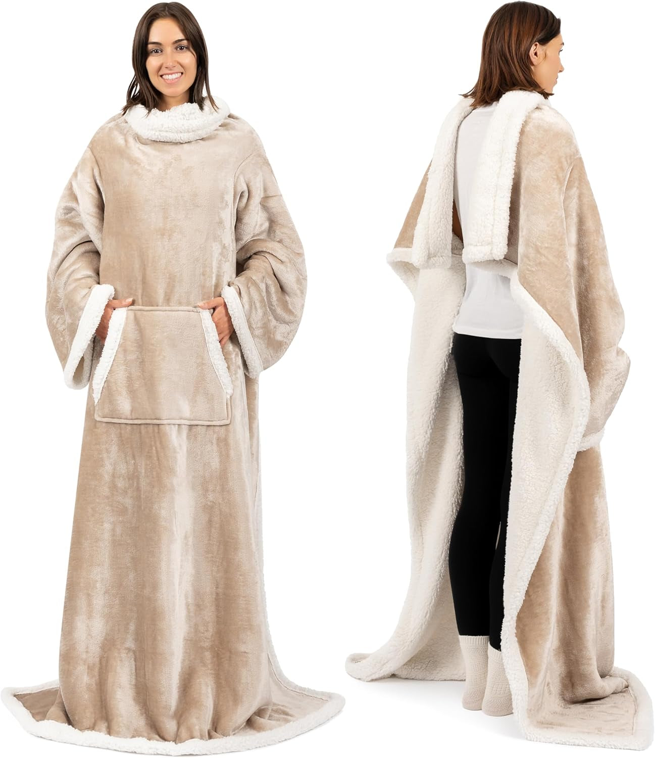 PAVILIA Sherpa Wearable Blanket with Sleeves and Pocket, Plush Thick Cozy Body Blanket Wrap for Adult Women Men, Christmas Gift for Wife Mom, Dark Grey