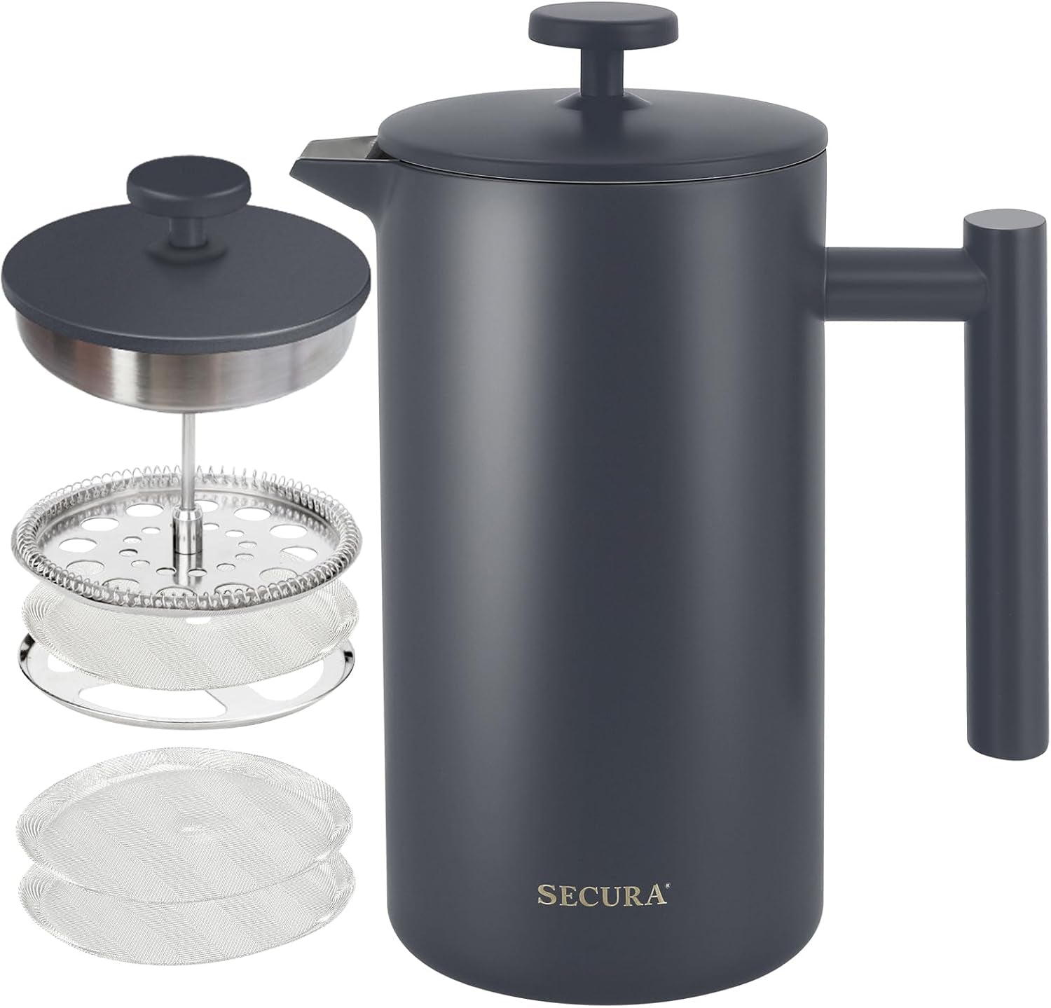 Secura French Press Coffee Maker, 304 Grade Stainless Steel Insulated Coffee Press with 2 Extra Screens, 50Oz (1.5 Litre), Silver