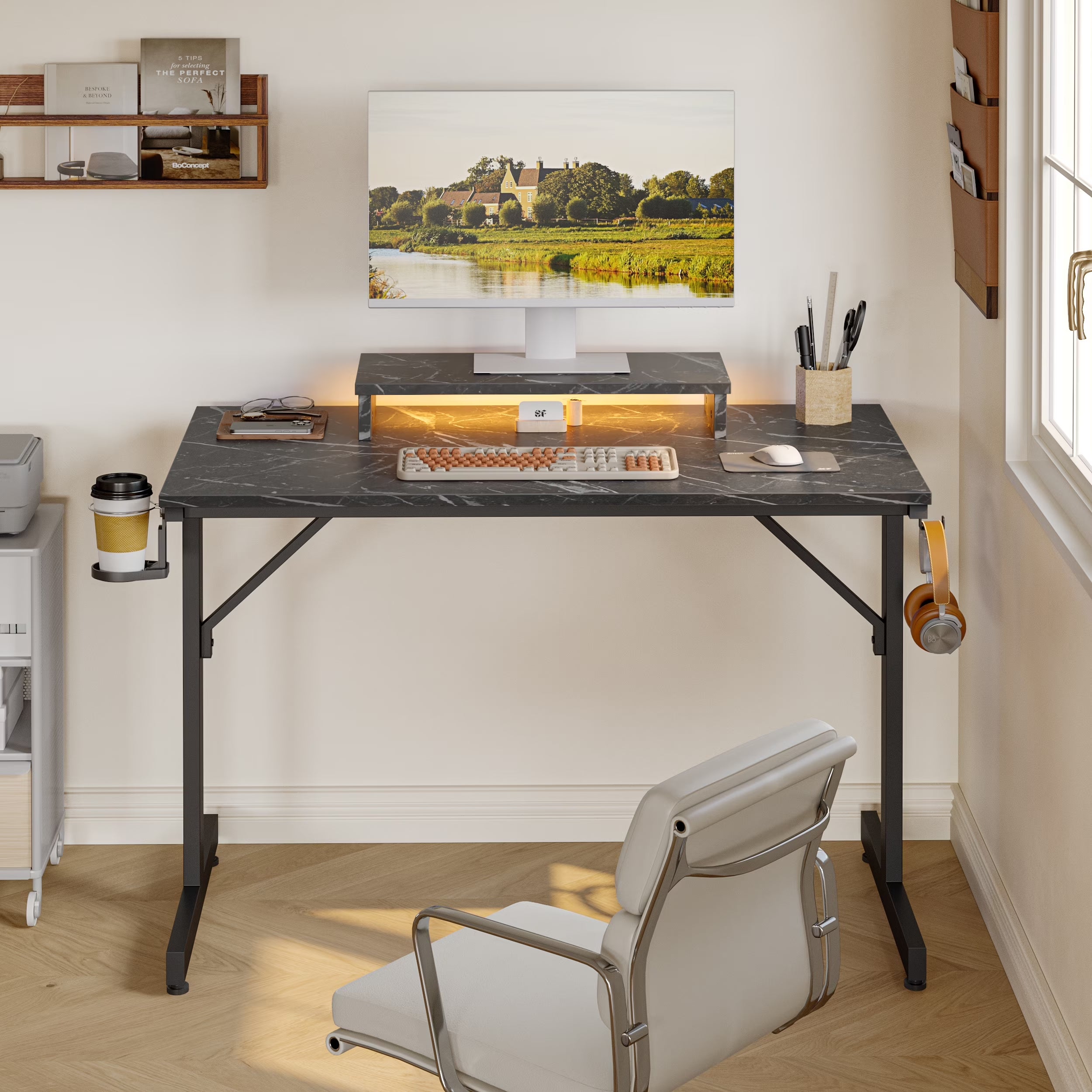 Bestier 42 Inch LED Gaming Desk with Monitor Stand PC Computer Gamer Home Office Table in White