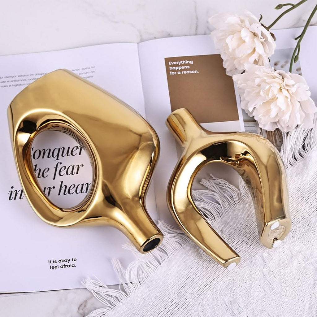 Gold Hollow Ceramic Vases Set of 2 - Modern Nordic Boho Ins Style Decor Vases...