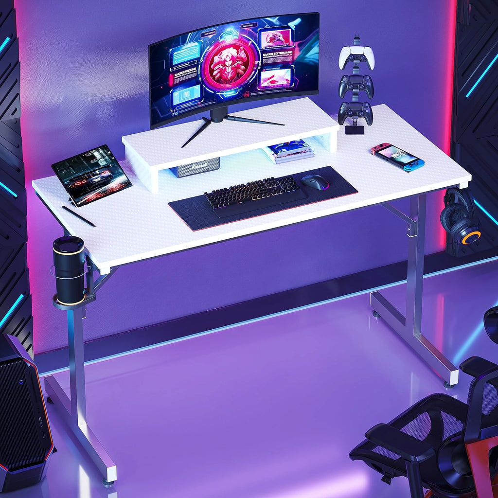 Bestier 42 Inch LED Gaming Desk with Monitor Stand PC Computer Gamer Home Office Table in White