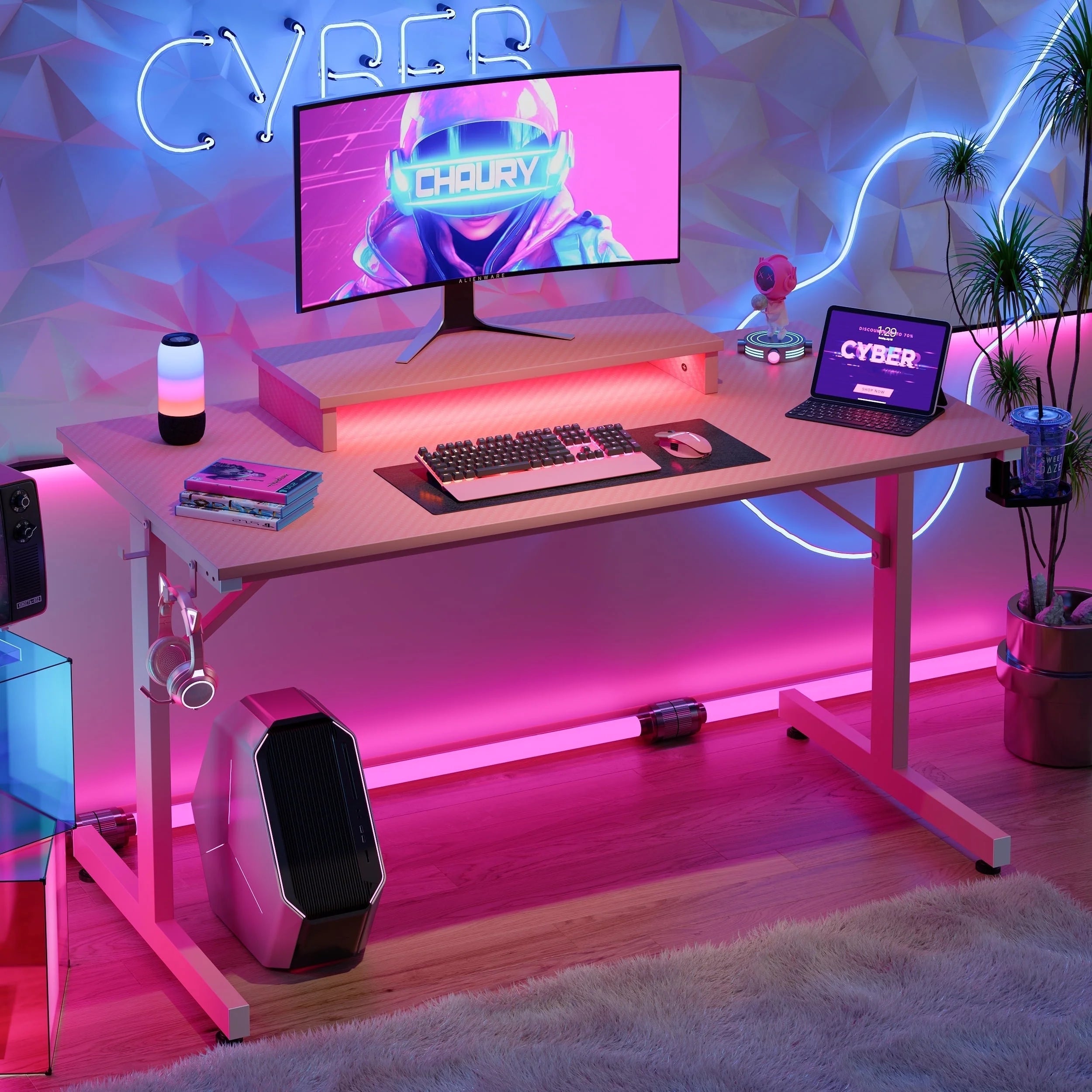 Bestier 42 Inch LED Gaming Desk with Monitor Stand PC Computer Gamer Home Office Table in White